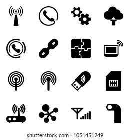 Solid vector icon set - antenna vector, phone, gear, upload cloud, horn, link, puzzle, notebook wi fi, usb, sim, router, molecule, fine signal, allen key