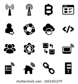 Solid vector icon set - antenna vector, bitcoin, website, user login, friends, refresh cloud, tag code, group, gear globe, data exchange, notebook wi fi, server wireless, home, link