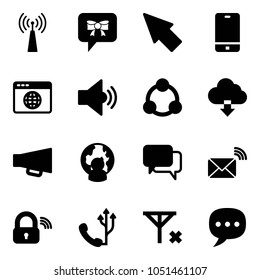 Solid vector icon set - antenna vector, bow message, cursor, phone, browser globe, volume medium, social, download cloud, loudspeaker, man, dialog, wireless mail, lock, no signal, chat