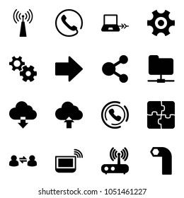 Solid vector icon set - antenna vector, phone, notebook connect, gear, right arrow, share, network folder, download cloud, upload, horn, puzzle, information exchange, wi fi, router, allen key