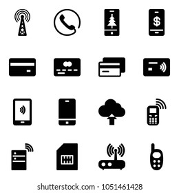 Solid vector icon set - antenna vector, phone, christmas mobile, payment, credit card, tap pay, upload cloud, server wireless, sim, wi fi router, toy