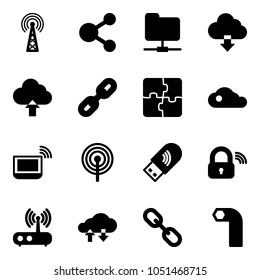 Solid vector icon set - antenna vector, share, network folder, download cloud, upload, link, puzzle, notebook wi fi, usb, wireless lock, router, exchange data, allen key