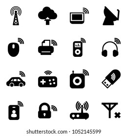 Solid vector icon set - antenna vector, upload cloud, notebook wi fi, satellite, mouse wireless, printer, music player, headphones, car, joystick, speaker, usb, identity card, lock, router