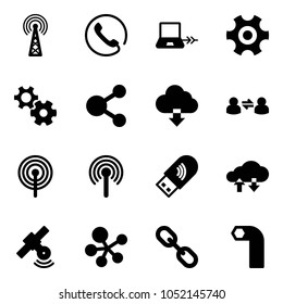 Solid vector icon set - antenna vector, phone, notebook connect, gear, share, download cloud, information exchange, usb wi fi, data, satellite, molecule, link, allen key