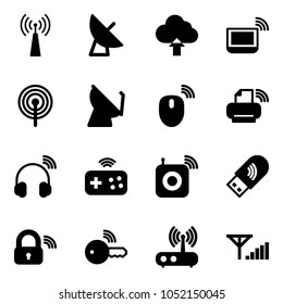 Solid vector icon set - antenna vector, satellite, upload cloud, notebook wi fi, mouse wireless, printer, headphones, joystick, speaker, usb, lock, key, router, fine signal