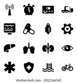 Solid vector icon set - antenna vector, alarm clock, credit card, fork loader, diagnostic monitor, pills, drop counter, heart gear, liver, lungs, kidneys, eye, ambulance star, pool, bike