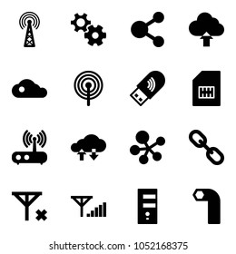 Solid vector icon set - antenna vector, gear, share, upload cloud, usb wi fi, sim, router, exchange data, molecule, link, no signal, fine, server, allen key