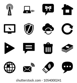 Solid vector icon set - antenna vector, notebook connect, bow message, home, monitor cursor, shield, refresh cloud, reload, play, chat, trash bin, dollar, globe, wireless mail, usb wi fi