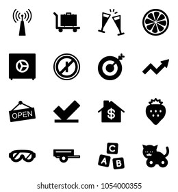 Solid vector icon set - antenna vector, baggage, wine glasses, lemon slice, safe, no parkin odd, target, growth arrow, open, check, home dollar, strawberry, protective, trailer, abc cube, toy cat