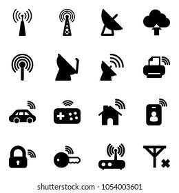 Solid vector icon set - antenna vector, satellite, upload cloud, printer wireless, car, joystick, home, identity card, lock, key, wi fi router, no signal