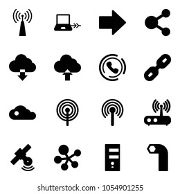 Solid vector icon set - antenna vector, notebook connect, right arrow, share, download cloud, upload, phone horn, link, wi fi router, satellite, molecule, server, allen key