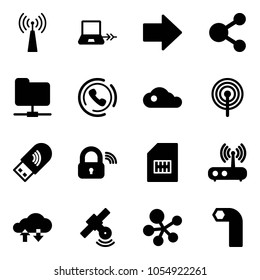 Solid vector icon set - antenna vector, notebook connect, right arrow, share, network folder, phone horn, cloud, usb wi fi, wireless lock, sim, router, exchange data, satellite, molecule, allen key