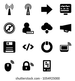 Solid vector icon set - antenna vector, right arrow, diagnostic monitor, no parkin odd, user password, download cloud, loudspeaker, save, tag code, standby, notebook wi fi, mouse wireless, lock