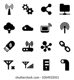 Solid vector icon set - antenna vector, gear, share, network folder, upload cloud, notebook wi fi, usb, router, molecule, link, no signal, fine, server, allen key