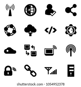 Solid vector icon set - antenna vector, globe, user check, share, friends, upload cloud, tag code, gear, data exchange, notebook wi fi, wireless lock, link, fine signal, server