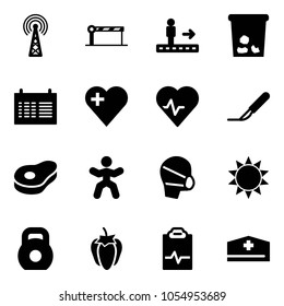 Solid vector icon set - antenna vector, barrier, travolator, trash, schedule, heart, pulse, scalpel, meat, gymnastics, medical mask, sun, weight, sweet pepper, clipboard, doctor hat