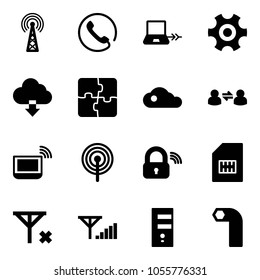 Solid vector icon set - antenna vector, phone, notebook connect, gear, download cloud, puzzle, information exchange, wi fi, wireless lock, sim, no signal, fine, server, allen key