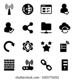 Solid vector icon set - antenna vector, globe, website, user login, check, share, network folder, refresh cloud, redo, gear, stars, server wireless, binary code, wi fi router, link
