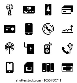 Solid vector icon set - antenna vector, credit card, christmas mobile, tap pay, phone, horn, growth, power bank, music player, sim, battery, generator