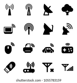 Solid vector icon set - antenna vector, satellite, upload cloud, notebook wi fi, mouse wireless, printer, car, joystick, usb, router, no signal, fine