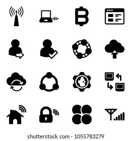 Solid vector icon set - antenna vector, notebook connect, bitcoin, website, user login, check, friends, upload cloud, refresh, community, gear globe, data exchange, wireless home, lock, atom core
