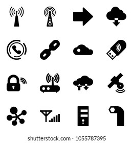 Solid vector icon set - antenna vector, right arrow, download cloud, phone horn, link, usb wi fi, wireless lock, router, exchange data, satellite, molecule, fine signal, server, allen key