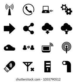 Solid vector icon set - antenna vector, phone, notebook connect, gear, right arrow, share, download cloud, upload, information exchange, wi fi, usb, no signal, server, allen key