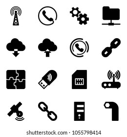 Solid vector icon set - antenna vector, phone, gear, network folder, download cloud, upload, horn, link, puzzle, usb wi fi, sim, router, satellite, server, allen key