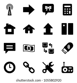 Solid vector icon set - antenna vector, right arrow, bow message, calculator, home, uplooad, pause, chat, money, data exchange, usb wi fi, clock, link, wrench screwdriver, radio