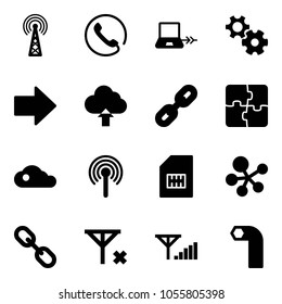 Solid vector icon set - antenna vector, phone, notebook connect, gear, right arrow, upload cloud, link, puzzle, sim, molecule, no signal, fine, allen key