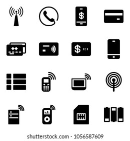 Solid vector icon set - antenna vector, phone, mobile payment, credit card, tap pay, menu, notebook wi fi, server wireless, music player, sim, battery