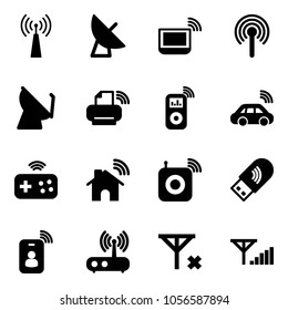 Solid vector icon set - antenna vector, satellite, notebook wi fi, printer wireless, music player, car, joystick, home, speaker, usb, identity card, router, no signal, fine