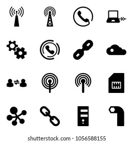 Solid vector icon set - antenna vector, phone, notebook connect, gear, horn, link, cloud, information exchange, sim, molecule, server, allen key