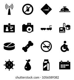 Solid vector icon set - antenna vector, no mobile sign, smoking area, client bell, identity, camera, baggage truck, tonometer, pill, broken bone, disabled, virus, pear, milk, schedule