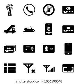 Solid vector icon set - antenna vector, phone, no mobile sign, credit card, trap truck, snowmobile, payment, tap pay, menu, signal, fine, generator