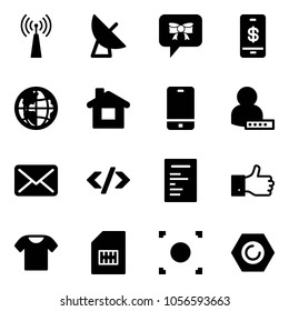 Solid vector icon set - antenna vector, satellite, bow message, mobile payment, globe, home, phone, user password, mail, tag code, document, finger up, t shirt, sim, record button, nut