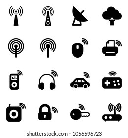 Solid vector icon set - antenna vector, satellite, upload cloud, mouse wireless, printer, music player, headphones, car, joystick, speaker, lock, key, wi fi router