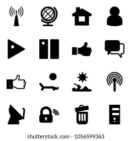 Solid vector icon set - antenna vector, globe, home, user, play, pause, like, dialog, finger up, lounger, reading, satellite, wireless lock, trash bin, server