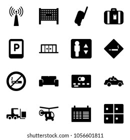 Solid vector icon set - antenna vector, fenced area, suitcase, parking sign, automatic doors, elevator, smoking, no, vip waiting, credit card, safety car, fork loader, helicopter, schedule
