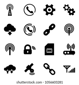 Solid vector icon set - antenna vector, phone, gear, download cloud, horn, link, wireless lock, sim, wi fi router, exchange data, satellite, fine signal