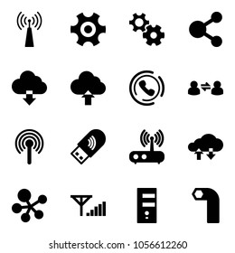 Solid vector icon set - antenna vector, gear, share, download cloud, upload, phone horn, information exchange, usb wi fi, router, data, molecule, fine signal, server, allen key