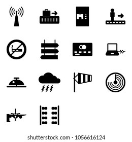 Solid vector icon set - antenna vector, baggage, coffee machine, travolator, no smoking sign, post, credit card, notebook connect, client bell, storm, side wind, radar, boarding passengers
