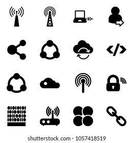 Solid vector icon set - antenna vector, notebook connect, user login, share, social, refresh cloud, tag code, community, wireless lock, binary, wi fi router, atom core, link