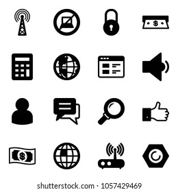 Solid vector icon set - antenna vector, no computer sign, lock, cash, calculator, globe, website, low volume, user, chat, magnifier, finger up, money, wi fi router, nut
