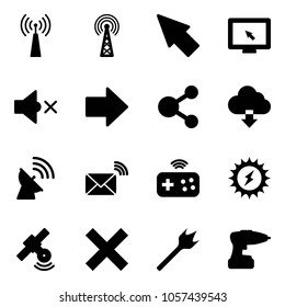 Solid vector icon set - antenna vector, cursor, monitor, volume off, right arrow, share, download cloud, satellite, wireless mail, joystick, sun power, delete, wood drill