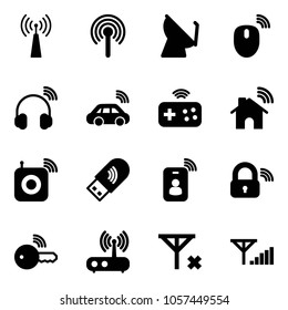Solid vector icon set - antenna vector, satellite, mouse wireless, headphones, car, joystick, home, speaker, usb wi fi, identity card, lock, key, router, no signal, fine