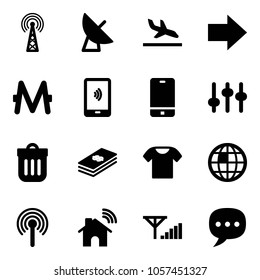 Solid vector icon set - antenna vector, satellite, arrival, right arrow, monero, mobile payment, phone, settings, trash bin, dollar, t shirt, globe, wireless home, fine signal, chat