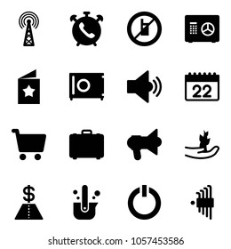 Solid vector icon set - antenna vector, phone alarm, no mobile sign, safe, star postcard, volume medium, calendar, cart, case, megaphone, hand sproute, dollar, casting of steel, standby button