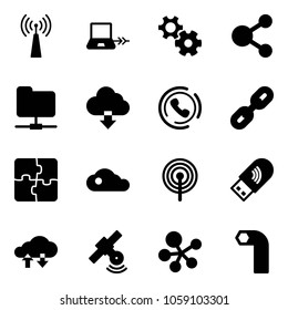 Solid vector icon set - antenna vector, notebook connect, gear, share, network folder, download cloud, phone horn, link, puzzle, usb wi fi, exchange data, satellite, molecule, allen key