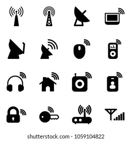 Solid vector icon set - antenna vector, satellite, notebook wi fi, mouse wireless, music player, headphones, home, speaker, identity card, lock, key, router, fine signal